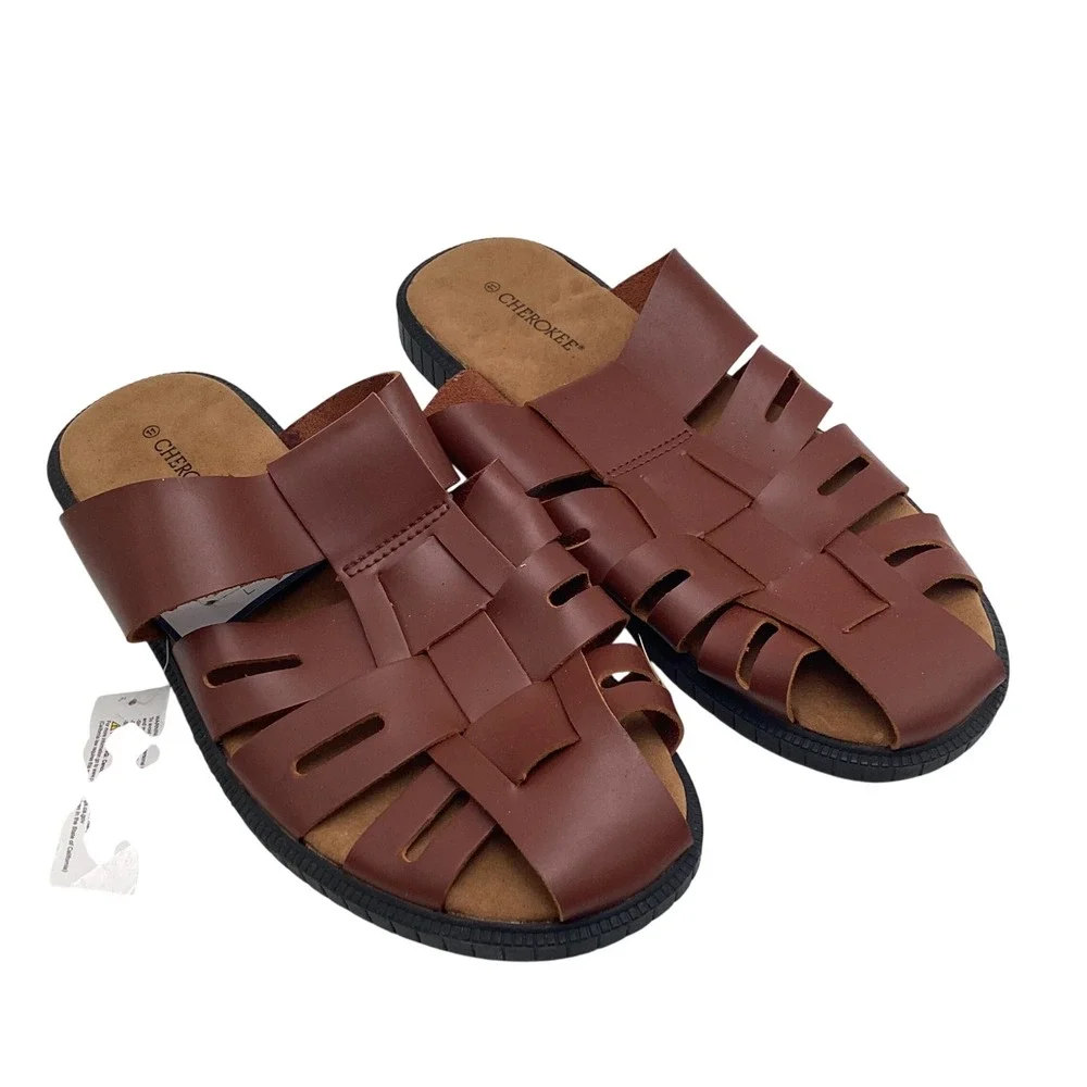 Cherokee Mens Brown Fisherman Slide‎ Sandals Woven Cage Slip On Shoes Size 11